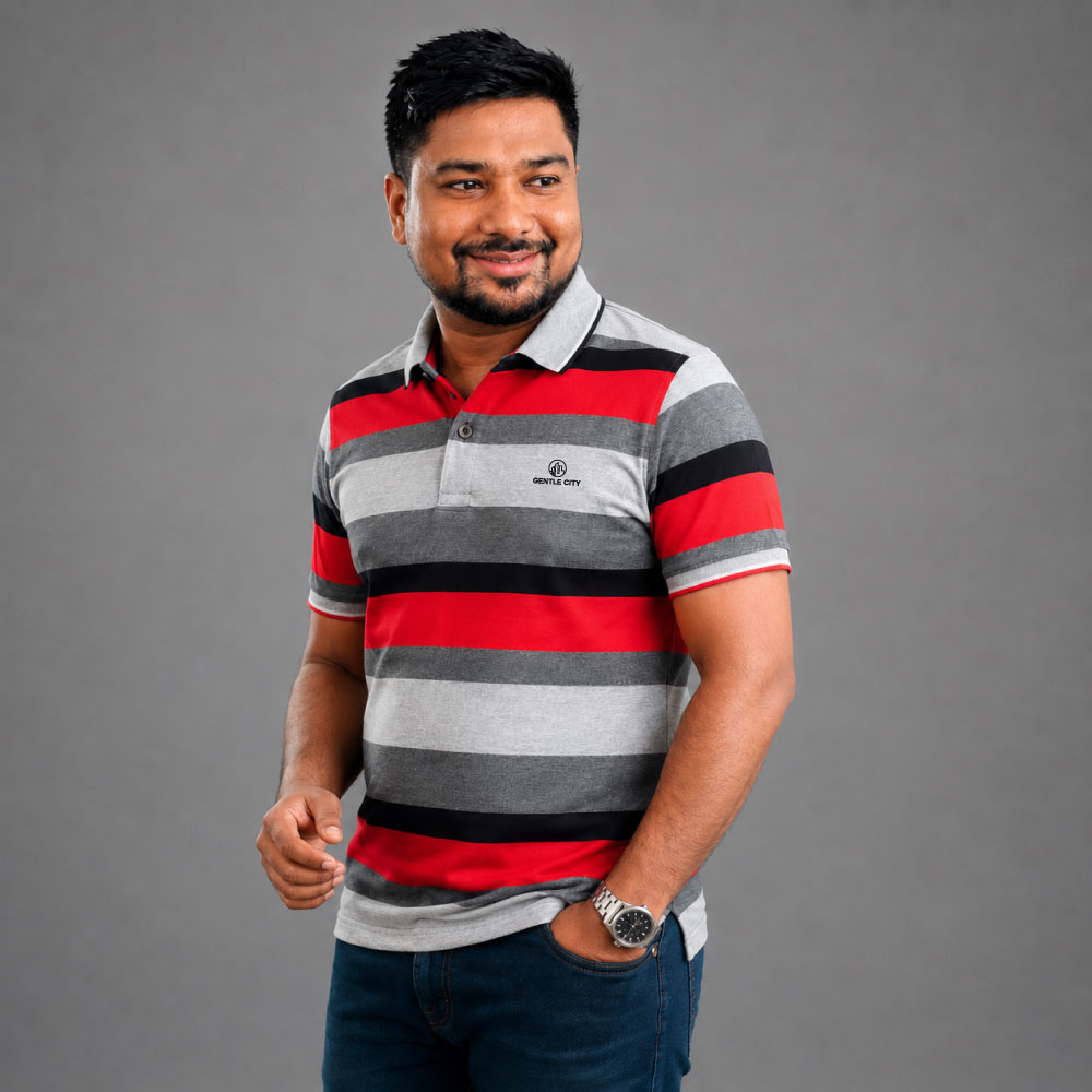Gentle City Red Grey & Black Stripe Polo Shirt for Men
